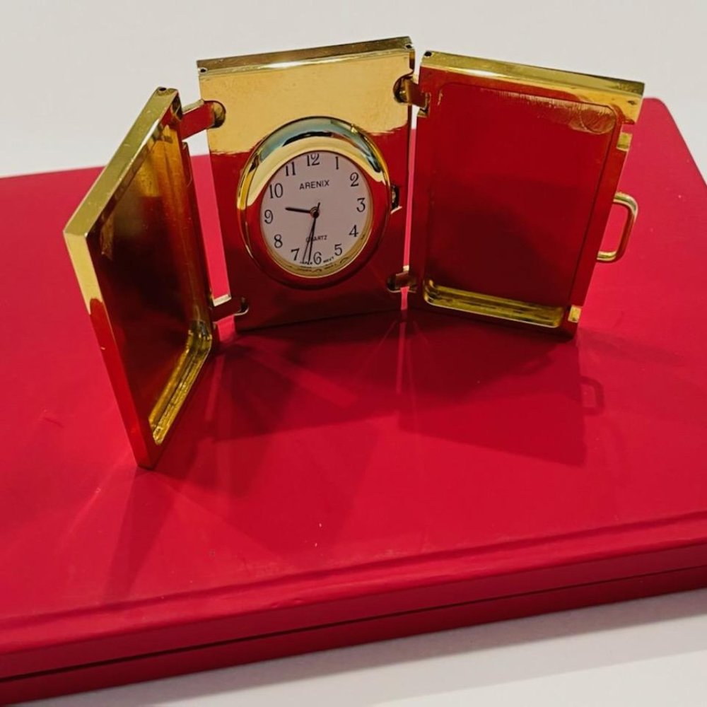 Arenix Miniature Briefcase Clock Folding Brass Photo Frames Japan Movement